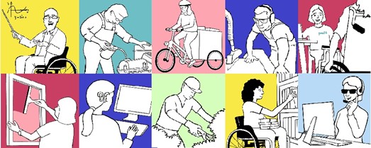 Personen mit Handicap in unterschiedlichen Arbeitssituationen.
