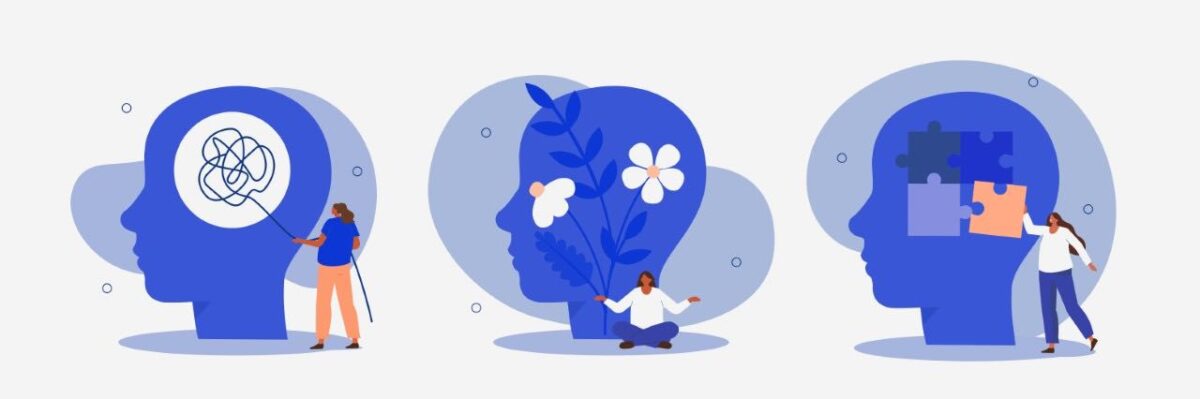 Das Bild ist eine Grafik. Es sind drei Köpfe zu sehen. Im ersten Kopf ist ein Wollknäuel, im zweiten wachsen Blumen und im dritten sind Puzzleteile. Es bildet verschiedene Gemütszustände ab