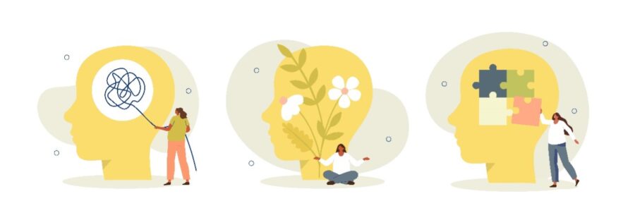 Das Bild ist eine Grafik. Es sind drei Köpfe zu sehen. Im ersten Kopf ist ein Wollknäuel, im zweiten wachsen Blumen und im dritten sind Puzzelteile. Es bildet verschiedene Gemütszustände ab