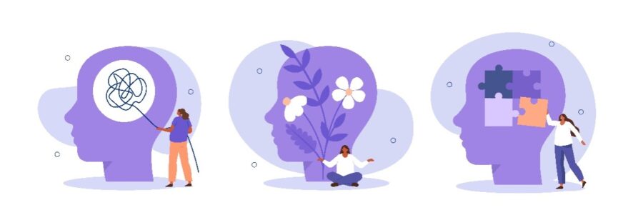 Das Bild ist eine Grafik. Es sind drei Köpfe zu sehen. Im ersten Kopf ist ein Wollknäuel, im zweiten wachsen Blumen und im dritten sind Puzzelteile. Es bildet verschiedene Gemütszustände ab