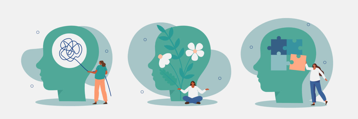 Das Bild ist eine Grafik. Es sind drei Köpfe zu sehen. Im ersten Kopf ist ein Wollknäuel, im zweiten wachsen Blumen und im dritten sind Puzzleteile. Es bildet verschiedene Gemütszustände ab