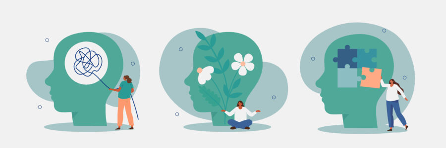 Das Bild ist eine Grafik. Es sind drei Köpfe zu sehen. Im ersten Kopf ist ein Wollknäuel, im zweiten wachsen Blumen und im dritten sind Puzzleteile. Es bildet verschiedene Gemütszustände ab