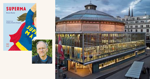 Collage mit dem Bild eines Mannes, dem Bild des Buches SUPERMA und einem Bild der Stadtbibliothek Luzern.