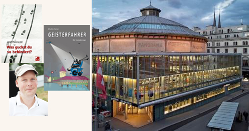 Collage mit dem Bild eines Mannes, ein Bild vom Buch "Was guckts du so behindert?", ein Bild vom Buch "Geisterfahrer" und ein Bild der Stadtbibliothek Luzern