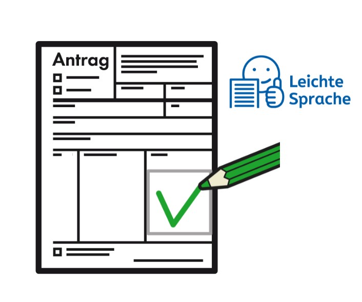 Auf dem Bild ist ein Piktogramm von einem Formular in schwarz/weiss abgebildet. Auf dem Formular steht das Wort «Antrag». Im Formular ist rechts unten ein grüner Farbstift abgebildet und der Farbstift zeichnet einen Hacken (richtig) im Formular. Rechts oben neben dem Antrag ist das Symbol der «Leichten Sprache» in hellblau. Das Symbol zeigt einen Smiley mit Daumenhoch und daneben steht «Leichte Sprache». METACOM Symbole ©