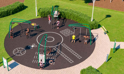 Situationsbild FIt21 Park Frauenfeld, diverse Sportgeräte umgeben von grünen Büschen