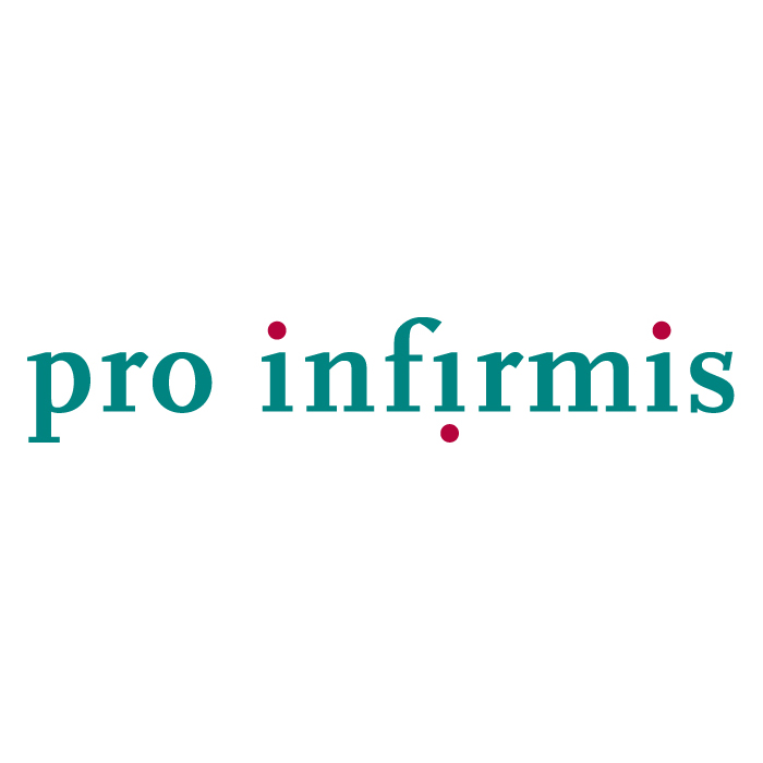 Schriftzug pro infirmis in grün mit roten Punkten