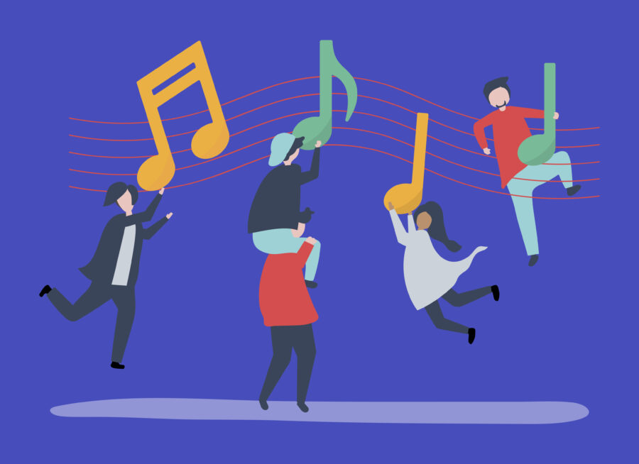 Tanzende Menschen und schwebende Musiknoten
