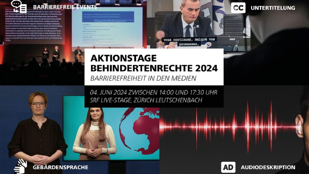 Die Collage besteht aus fünf Teilen: In der Mitte der Collage steht der Titel «Aktionstage Behindertenrechte 2024. Barrierefreiheit in den Medien» und weiteren Informationen zur Aktion: «04. Juni 2024 zwischen 14:00 und 17:30 Uhr, SRF Live-Stage, Zürich Leutschenbach». Links oben auf der Collage befindet sich ein Bild zu Barrierefreien Events. Personen sitzen auf einer Bühne vor Publikum, hinter ihnen befinden sich zwei Leinwände. Auf der einen Leinwand sieht man eine Präsentation, auf der anderen Leinwand eine Transkription des Gesprochenen. Rechts oben auf der Collage befindet sich ein Bild zur Untertitelung. Ein Respeaker sitzt vor einem Bildschirm, auf dem gerade eine Sendung untertitelt wird. Links unten auf der Collage befindet sich ein Bild zu Gebärdensprache. Eine Gebärdensprachübersetzerin steht in einem Studio vor einem Bildschirm, auf dem eine Fernsehsendung läuft, und übersetzt diese in Gebärdensprache. Unten rechts befindet sich ein Bild zur Audiodeskription. Eine rote Audiolinie führt zu einem Ohr einer Person.