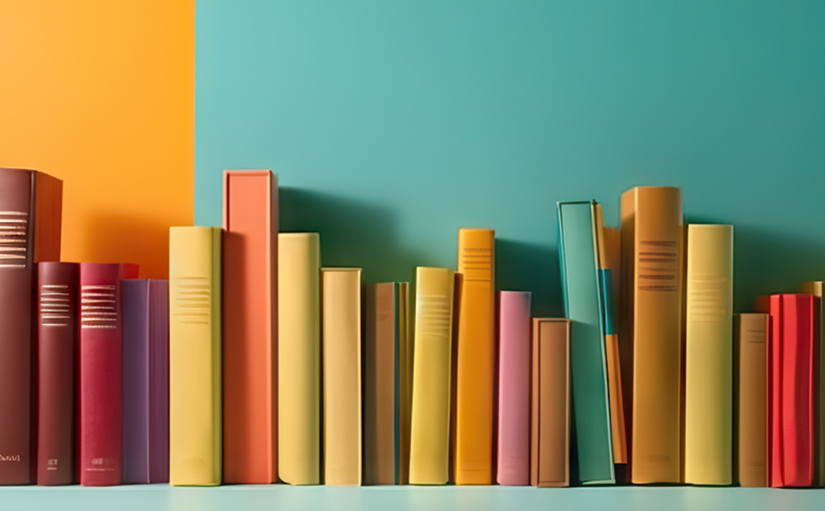 Auf dem Bild sind viele Bücher nebeneinander. Sie haben unterschiedliche Farben und Grössen.